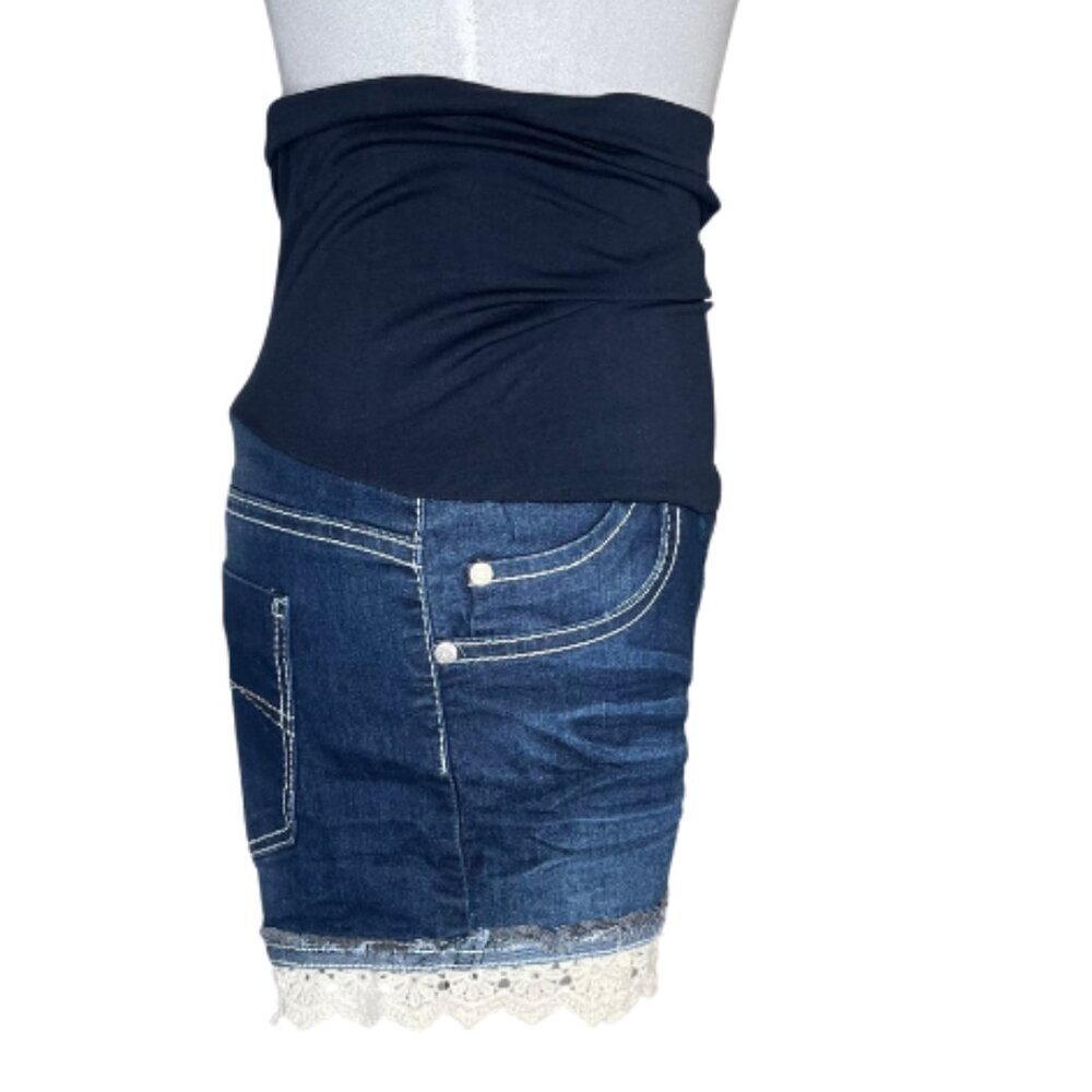 BELLA VIDA Soft Girl Lace Hem Maternity Denim Shorts Distressed Dark Wash S - Picture 5 of 8